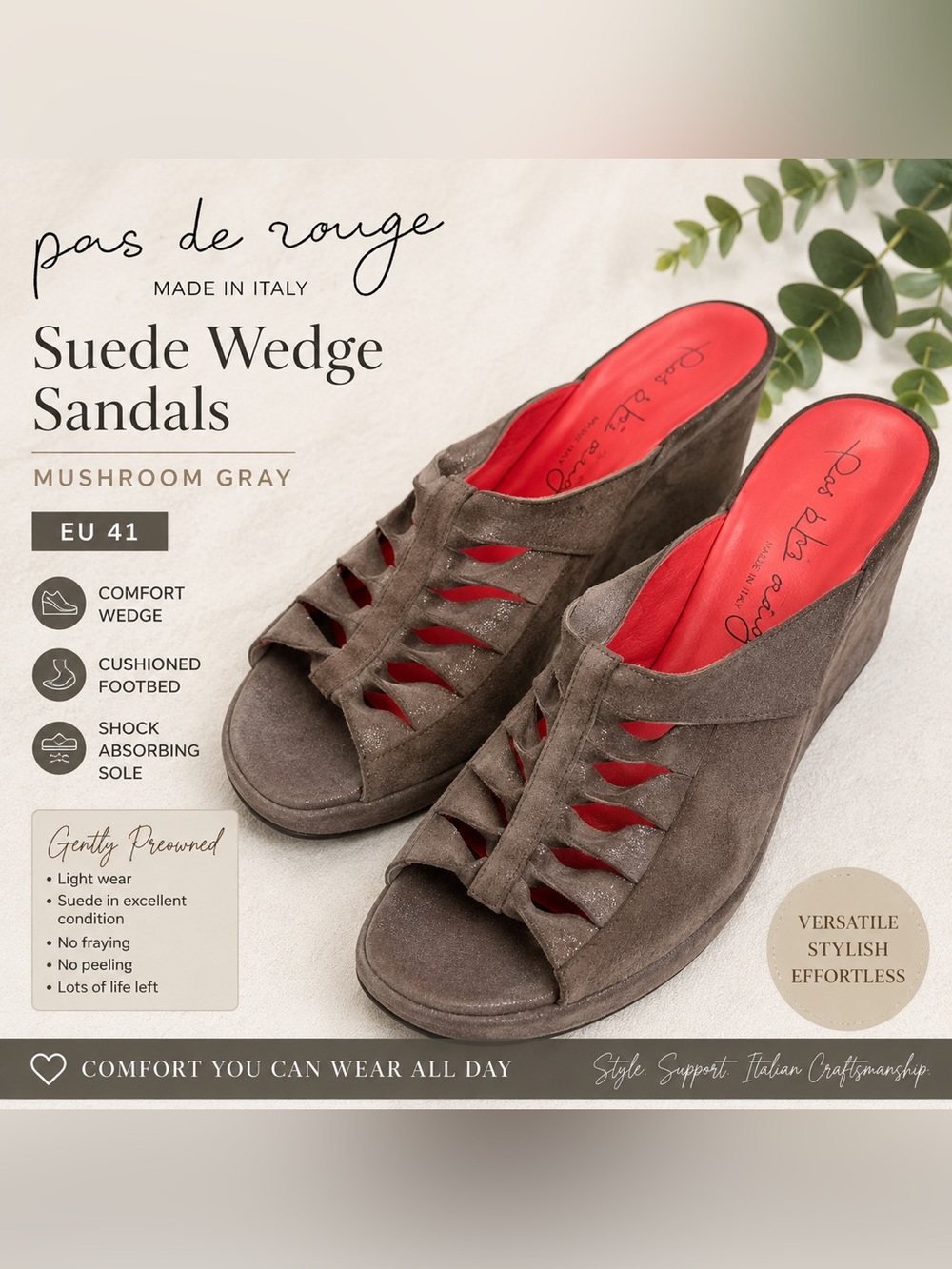 Pas de Rouge Made in Italy Suede Wedge Sandals | Mushroom Gray | EU 41